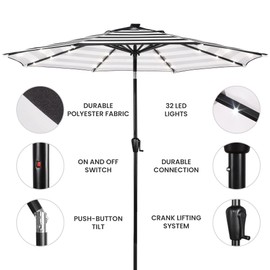 Sun-Ray 9' Round Patio Umbrella with 32 Solar Powered LED Lights, Push-Button Tilt and Hand Crank Lift, Solar Umbrella in Black and White Striped for Porch, Deck, and Patio