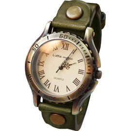 Little Magic: Grade B, Japanese Leather that changes over time, Japanese Movement, Compatible with Metal Allergies, Antique Style, Men's, Women's, Leather Strap, Unisex, Khaki (stitch white), Retro