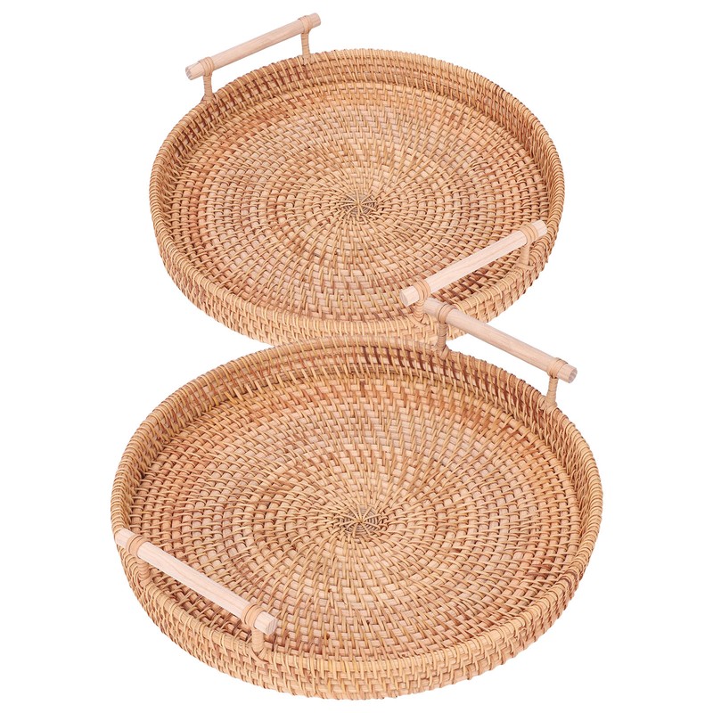 2PCS Hand Woven Rattan Tray Round Serving Tray Tea Fruit