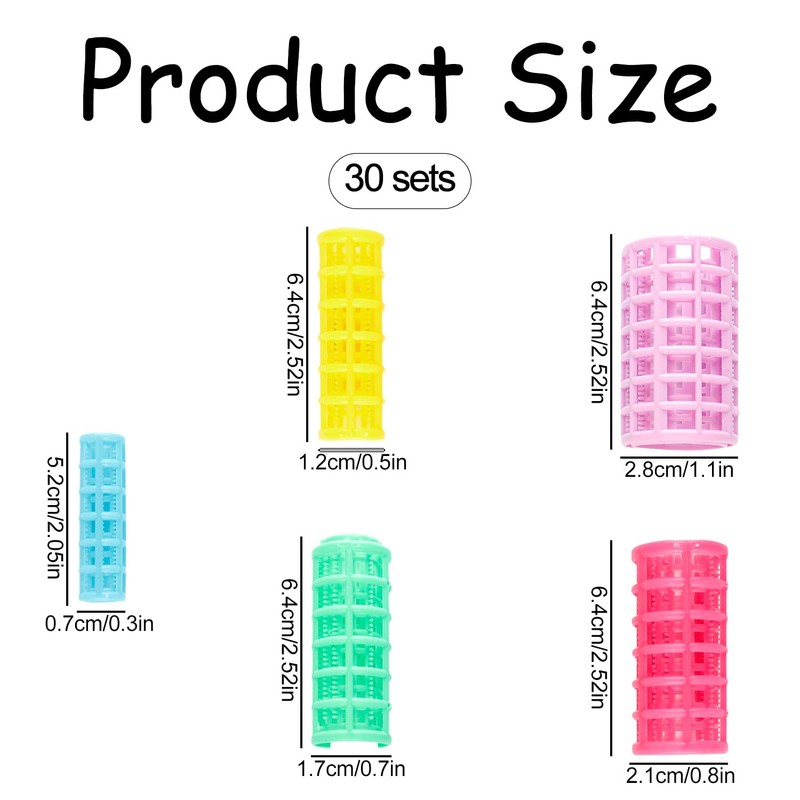 Bojueshaw 30pcs Self Grip Hair Rollers,5 Sizes Plastic Hair Rollers,No