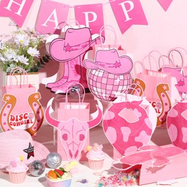 Mooliwe 24 Pcs Disco Cowgirl Goodie Paper Bags Western Theme Party Decorations Favors Wild West Kraft Gift Bag with Handles Cowboy Boot Hat Bachelorette Baby Shower Last Rodeo Party Supplies