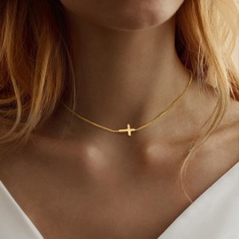 Hayopi Gold Cross Necklace for Women,14K Gold Plated Pendant Necklace Dainty Simple Cute Necklace Small Charm Choker Cross Necklaces for Women Trendy Jewelry Baptism Gifts
