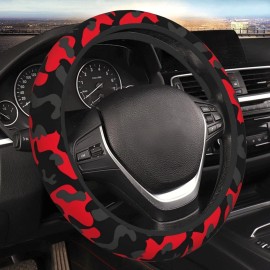 JKJOJIA Red and Black Camo Camouflage Cool Pattern Steering Wheel Cover for Women 3