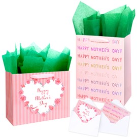 Linelglobal Mother Day Gift Bag with Tissue Paper for Best Mom Ever 12.6" Love Heart Pink 2 Pack
