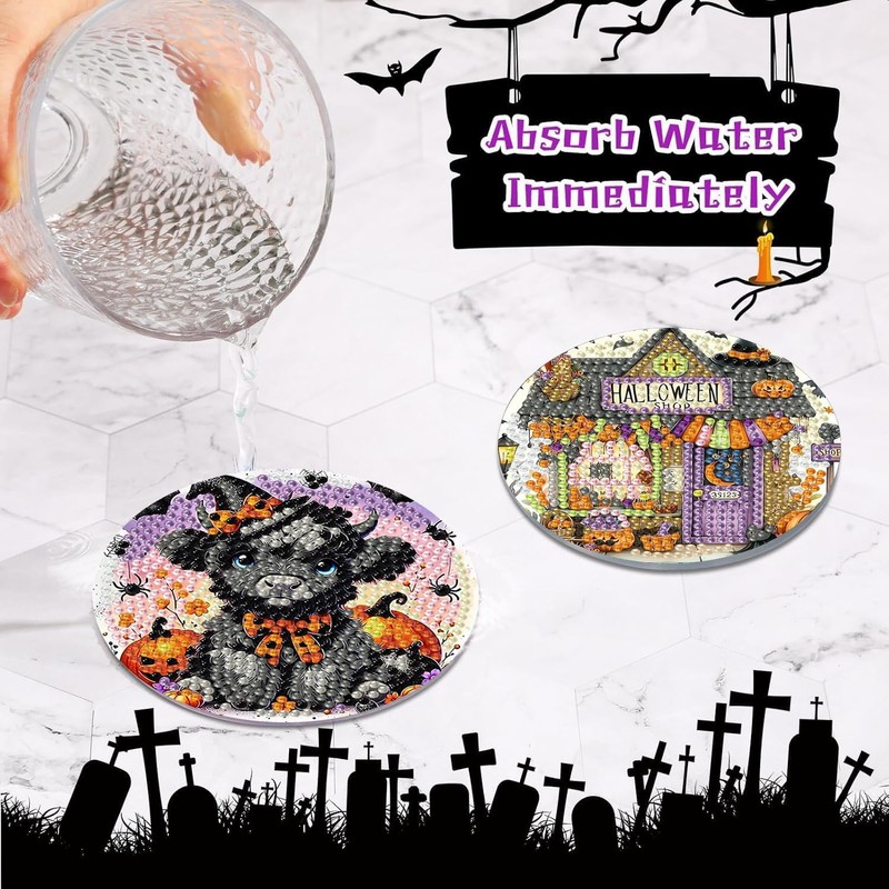 Axquilon 8 Pcs Halloween Diamond Art Coasters Kit for Adults