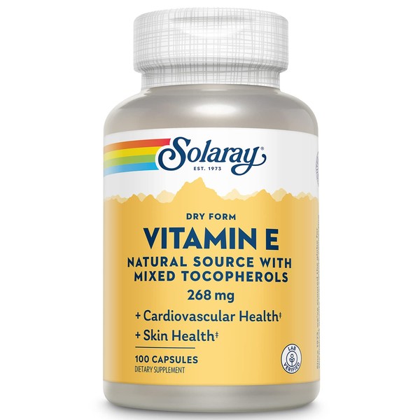 SOLARAY Vitamin E, Dry 400 IU w/Mixed Tocopherols Non-Oily Healthy Cardiac Function, Antioxidant Activity & Skin Health Support 100 Capsules