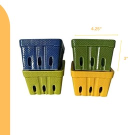 First of a Kind Stoneware Berry Baskets - Set of 4 Berry Containers Bowl - Multicolor - 4.25 Inch Square kitchen Fruit Basket, Farmhouse Ceramic Berry Basket Bins for Veggie, Berry & Fruits (Style 8)