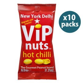 New York Delhi ViPnuts, Hot Chilli Flavoured Peanuts, Vegan, Gluten Free, High Protein. 10 x 63g