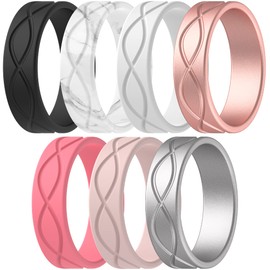 ThunderFit Silicone Wedding Bands for Women, Infinity Design 6mm Wide 1.8mm Thick - 1/4/7 Variety Multipack (Black, Marble, Whitepink, Faint Red,White, Rose Gold, Silver - Size 4.5-5 (15.7mm))