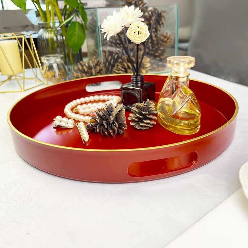 Umisriro 13" Round Decorative Tray, Red Serving Tray with Handles,