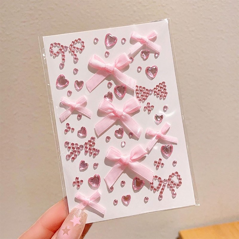 2pcs Cute Face Stickers Heart Ribbon Glitter Nail Deco Parts