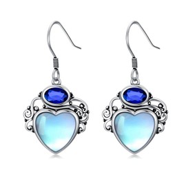 Heart Moonstone Earrings 925 Sterling Silver Vintage Filigree Dangle Drop Earrings Birthday Anniversary Jewelry Gifts for Women, Sterling Silver, Moonstone