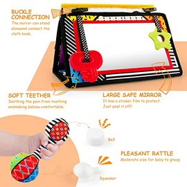 3-in-1 Tummy TimeToys Set with Baby Mirror,Crinkle Activity Book,Rattle | Tummy Time Mirror Black and White High Contrast Baby Toys for Newborn Develo