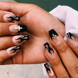 ANDGING Black Press on Nails Short Medium Coffin Fake Nails for Women with Flame Gold Cross Design French Tip Fake Nails Acrylic False Nails Square stick on nail for Wedding Birthday 24Pcs