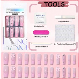 Virellay 24 Stück Press on Nails Lang - Coffin Shape Falsche Nägel (Pink Bow, 24 Pcs)