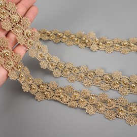 Gnognauq Gold Trim Ribbon for Crafts,Gold Lace Ribbon with Beads,Golden Beaded Border for Sewing,Decorative