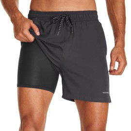 HODOSPORTS Mens Swim Trunks 5" Inseam Quick Dry Swimsuit with Compression Liner and Pockets Swimming Shorts Grey