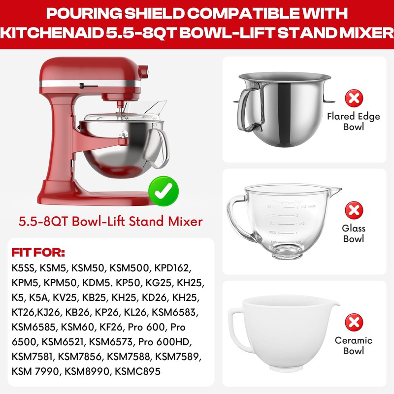 Pouring Shield for KitchenAid Mixer & Splash Guard Attachment -
