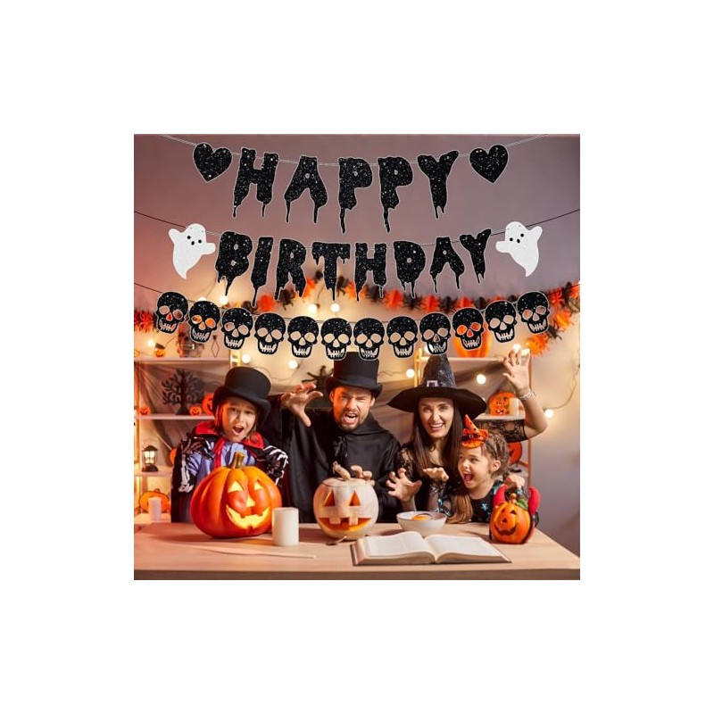 HNGWLYN - Bandera gótica de cumpleaños con purpurina negra