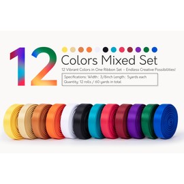 Keypan Rainbow Satin Ribbon 3/8 Inch x 12 Rolls Total 60 Yards Double-Faced Colorful Ribbons for Crafts Flower Bouquet Gift Wrapping Paper Bows Wedding Invitations