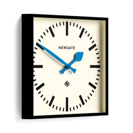 NEWGATE® Number Five Wall Clock | Square Retro Inspired Modern Station Clock | 16 inch | Black with Blue Hands | Mid Century Style for Kitchen, Living Room or Office