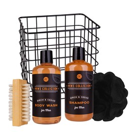 Accentra Men's Collection Gift Set in Wire Basket, Includes 300 ml Body Wash, 300 ml Shampoo, 15 g Mesh Sponge, Nail Brush, Birch & Cedar - Brown