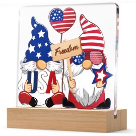 Patriotic Table Decor Memorial Day Acrylic Plaque with Wooden Stand Gnome Freedom Star 4th of July Table Signs for Veterans Day Independence Day FarmhouseTable Topper Decor Supplies