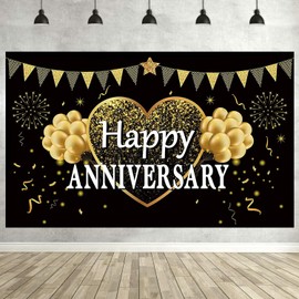 Happy Anniversary Party Backdrop Banner Black Gold Wedding Anniversary Party Decorations Supplies for Wedding Anniversary Indoor and Outdoor Photo Background
