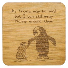 Laser Engraved Oak Veneer Coaster Sentimental for Parents or Grandparents, Birthday Present (Wrap Nanny Around My Fingers)