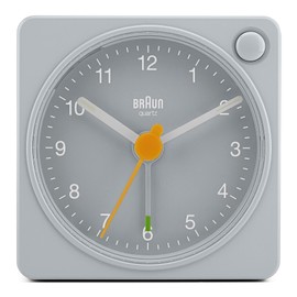 Braun Classic travel Analogue Alarm Clock with Snooze and Light, Compact Size, Quiet Quartz Movement, Crescendo Beep Alarm in grey, model BC02XG