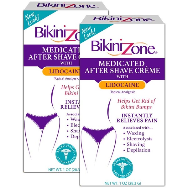 Bikini Zone Medicated After Shave Crème - Instantly Stop Shaving Bumps, Irritation & Itchiness - Gentle Formula Cream for Sensitive Areas - Dermatologist Approved & Stain-Free (1 oz, Pack of 2)