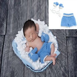 Coberllus Newborn Monthly Baby Photo Props Boxing Champion Gloves with Pants Set for Boys Girls Photography (Blue)