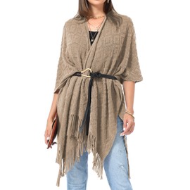 Women's Poncho Knitted Scarf and Wraps with Fringes Stole Festive Knitted Cape Cardigans Lightweight, khaki, Unit size