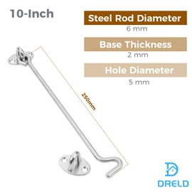 DRELD Pack of 2 Stainless Steel Cabin Hooks with Eyelet, 25 cm Door Hooks with 8 Screws Gate Hook Lock Latch Door Storm Hook for Roller Shutters, Sheds, Sliding Doors, Garage Door, Window (10