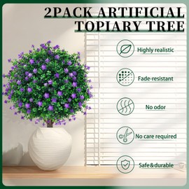Artificial Purple Flower Boxwood Topiary Ball Trees,2 Set of 16'' UV Resistant Fake Evergreen Shrubs Bushes Plants with Ground Spike, Fake Plants for Outdoor Indoor Front Porch Garden