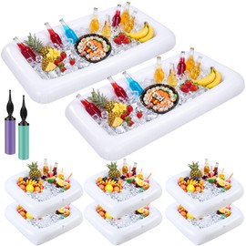Leitee 8 Pack Inflatable Ice Serving Bars for Food, Table Ice Buffet Cooler Trays for Pool Party with Drain Plugs, 2 Large 6 Small Blow up Salad Drink Containers with 2 Pumps, White