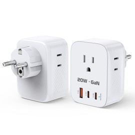 2Pack Germany France Power Adapter, 20W Type E/F Plug Adapter with 2 USB C/1 USB Ports and 3 AC Outlets, 6 in 1 International Travel Adapter for US to Europe Plug EU Spain France Iceland Greece Russia