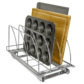 Lynk Professional Slide Out Cutting Board, Bakeware, and Tray Organizer - Pull Out Kitchen Cabinet Rack - 10 inch wide x 21 inch deep - Chrome.