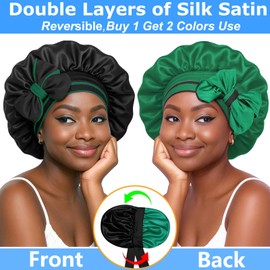 Reversible Silk Bonnet for Sleeping Women - Double Layer & Color Satin Bonnet, Adjustable Hair Cap for Curly & Textured Hair (Dark Green & Black)