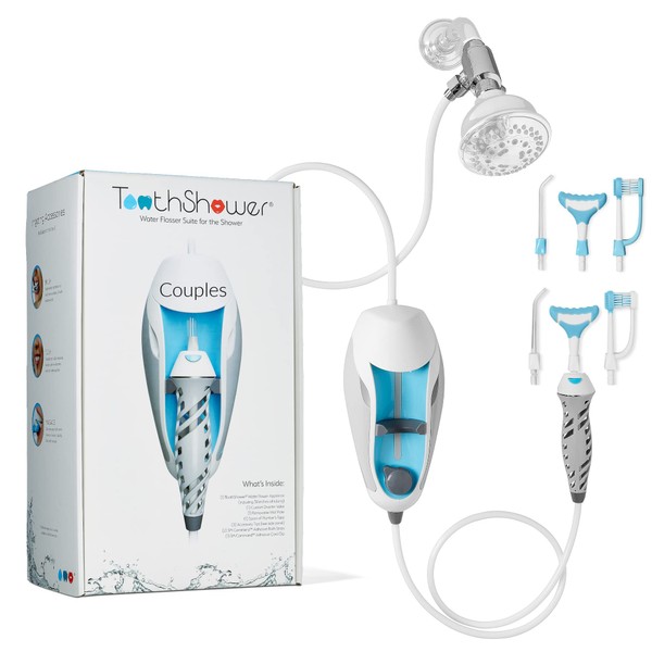 ToothShower Shower Water Flosser for Teeth, Gums, Braces, Implants, Couple Suite Includes: (2) Water Pick Dental Flossers, (2) Water Flossing Dual-Head Toothbrushes, (2) 7-Stream Gum Massagers