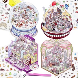 4 Sets DIY 3D Fun Mini House Scenes Stickers with Tweezers Make Your Own Delicious Smoothie Crystal Ball Painting Gift Box Stickers Scenes Cute Micro Room Stickers for Relief Stress Pass The Time