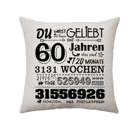 Decorative Cushion Covers, Birthday Gift for Men and Women, 6–50th Birthday, Gifts for Mum Aunt Dad Grandma Grandpa Sister Friend, Gifts for Her, Gifts Ideas, 45 x 45 cm (60th)