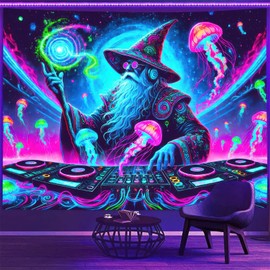BlissYard Wizard Blacklight DJ Tapestry 78x59 inch UV Reactive Black Light Music Glow in The Dark Poster Hippie Wall UV Tapestry for Bedroom Decoration Living Room Artwork Home Room Party Backdrop
