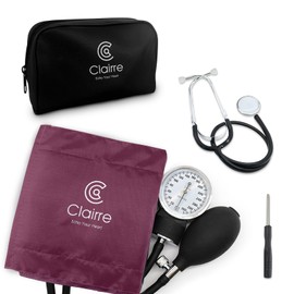Clairre Manual Blood Pressure Cuff and Stethoscope Kit & Carrying Bag, Aneroid Sphygmomanometer for Nursing Students & Home Health Monitoring, Universial Adult Size, Burgundy