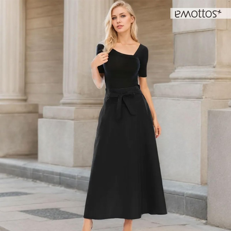 EMOTTOS Women's Long Skirt, Bow Waist, Knot Ruffle Skirt, High