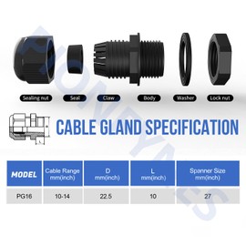 PIONFYNES 20PCS PG16 Cable Gland Waterproof Adjustable 10-14mm/0.39-0.55inch Nylon Cable Glands Joints with Gaskets (PG16, 20PCS)
