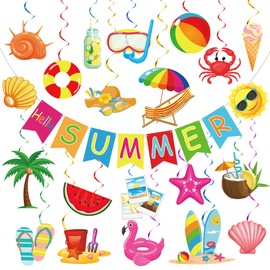 Summer Party Decorations Hello Summer Banner Summer Beach Hanging Swirls Streamers Beach Pool Theme Party Decorations for Home School Classroom Office Summer Holiday Party Decorations