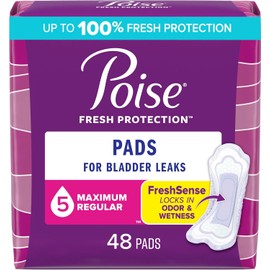 Poise Incontinence & Postpartum Pads for Bladder Leaks, 5 Drop Maximum Absorbency, Regular Length, 48 Count, Packaging May Vary