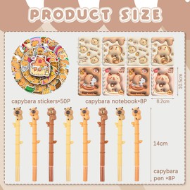 Yhjxly Capybara Stationery Set, Capybara Party Bags, 8 Mini Spiral Notepads, 8 Cartoon Neutral Pens, 50 Capybara Themed Stickers, Capybara School Office Supplies, for Girls and Boys, Pack of 66
