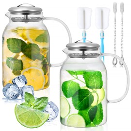 Dandat 2 Pcs Glass Pitcher with Lid and Spout Glass Water Pitcher with Handle for Hot Cold Water Iced Tea Juice Coffee Juice, Long Handle Cleaning Brush and Mixing Spoon (61 oz)